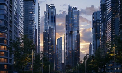 Capture the grandeur of towering skyscrapers at dusk in a photorealistic digital rendering, showcasing intricate architectural details under a twilight sky - obrazy, fototapety, plakaty