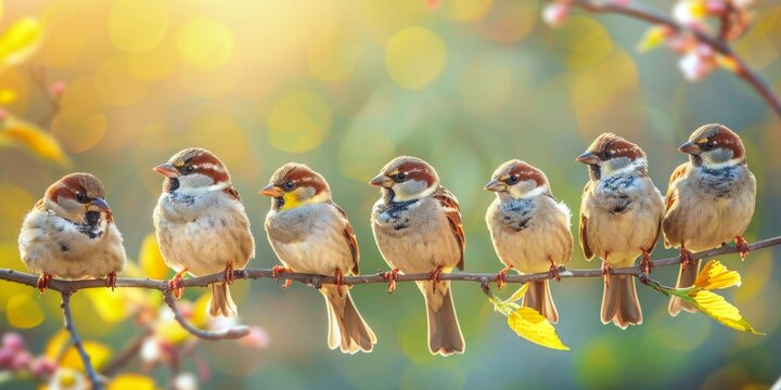 A row of sparrows perched on a branch against a warm, blurry background.