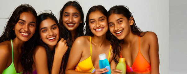 Fototapeta premium Teenage Indian Girls Smiling in Colorful Swim Attire with Skincare 