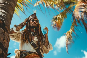 pirate standing under coconut tree having water bottle and attending phone call