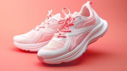 White and pink sports sneakers on a pink background