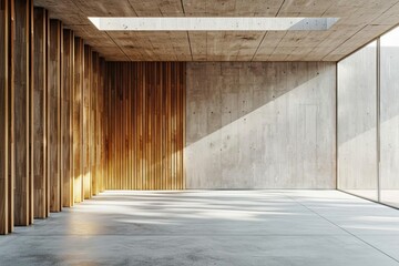 empty interior room with concrete walls and wooden paneling 3d rendering architecture background