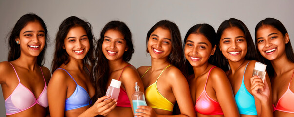 Group of Indian Teens in Rainbow Swim Fashion with Beauty Products
