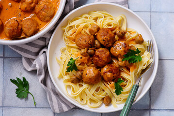 Chicken meatballs beef stroganoff with pasta.top veiw - 789514464