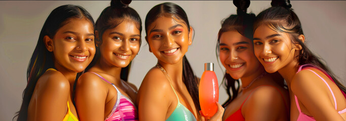 Young Indian Girls in Vibrant Swimwear and Skincare Products
