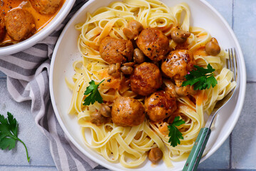 Chicken meatballs beef stroganoff with pasta.top veiw - 789514602