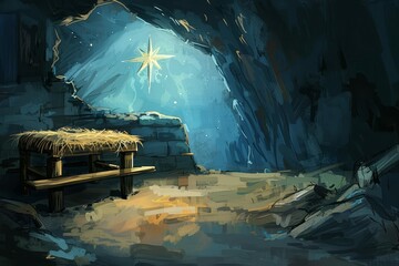empty wooden manger in cave with star of bethlehem christian nativity scene background digital painting