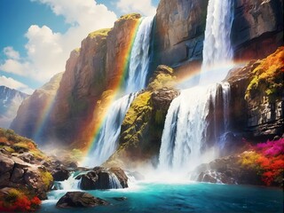 Waterfall cascades as rainbow decorates sky, flowers bloom in foreground - obrazy, fototapety, plakaty