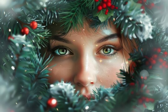 enchanting woman peering through festive christmas wreath with curiosity and wonder digital painting