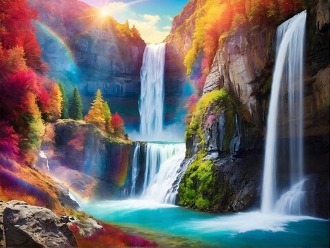 Waterfall cascades as rainbow decorates sky, flowers bloom in foreground