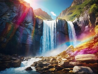 Waterfall cascades as rainbow decorates sky, flowers bloom in foreground - obrazy, fototapety, plakaty