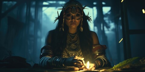 Mystic Tribal Woman Performing Ritual in Ambient Light - obrazy, fototapety, plakaty