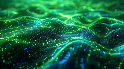 Imagine an abstract tech scene where neon green and electric blue waves intertwine, mimicking the dynamic flow of digital information through a high-speed circuit.