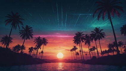 Retro background futuristic landscape s style. Retro music album cover template, palm trees, ocean waves, sunset. - obrazy, fototapety, plakaty