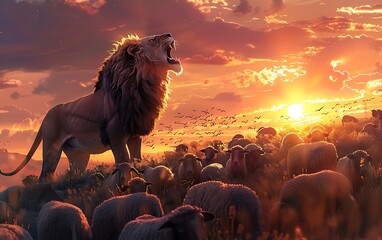 A powerful lion roaring, standing on top of the hill with an endless herd of sheep below it