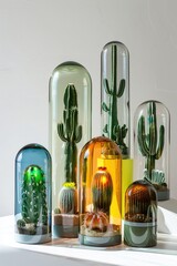Artistic Light Play with Cacti Encased in Colored Glass Terrariums - obrazy, fototapety, plakaty