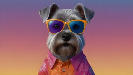 Illustration of a cute gray fluffy dog schnauzer wearing sunglasses and a colorful shirt on a light gradient background. Generative AI