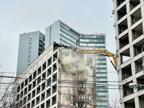 Moscow, Russia, April, 18, 2024. Demolition of the Mir Hotel in Moscow near the White House on April 18, 2024