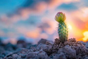 Young Cactus Emerging: Macro Shot with Timelapse Sky - obrazy, fototapety, plakaty