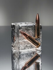 Chilling Contrast: Bullet Frozen in Ice on a Reflective Surface - obrazy, fototapety, plakaty