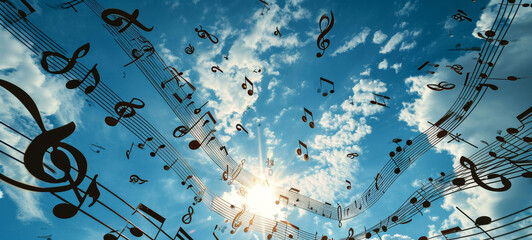 Musical Notes Swirling in Blue Sky