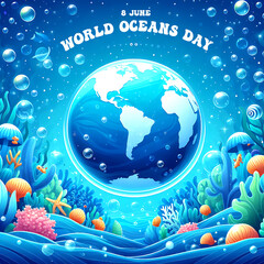 World Oceans Day social media post-Celebrate 8 June with text blue background underwater.