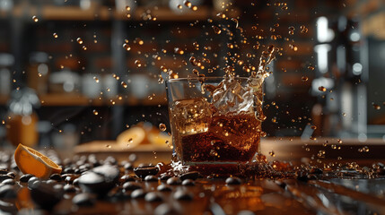 A glass of beer is splashing on a table with coffee beans