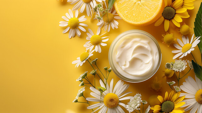 A jar of cream is on a yellow background with flowers and a lemon