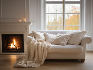 Sofa with big blanket on hardwood floor against fireplace. Minimalist classic luxury home interior design of modern living room in villa