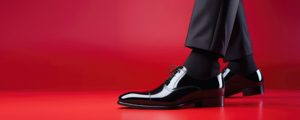 Closeup of men's legs in black pants and black shoes on red background. Copy space
