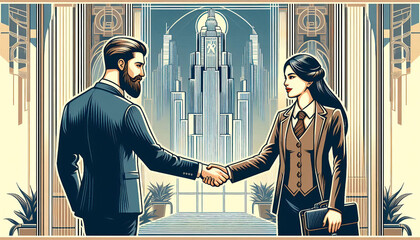  two business people shaking hands after completing a deal-in a art deco illustration style - obrazy, fototapety, plakaty