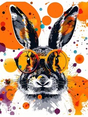 Colorful, Abstract Rabbit Artwork with Splatter and Glasses.