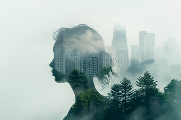 Double Exposure of Woman and Cityscape: Urban Portrait Concept - Powered by Adobe