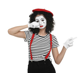 Sad mine with beret posing on white background