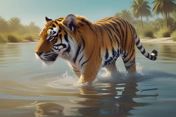 Bengal tiger with a mustache walks through a pond and does not look at the camera. - Powered by Adobe