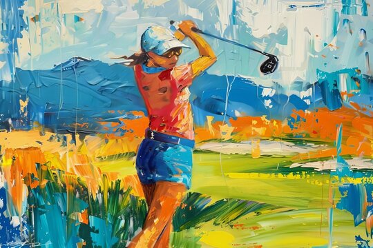 female golfer on course vibrant colors and expressive brushstrokes oil painting