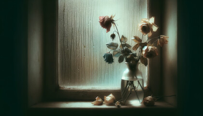 Wilted Rose on Window Sill Raindrops Sadness Mood