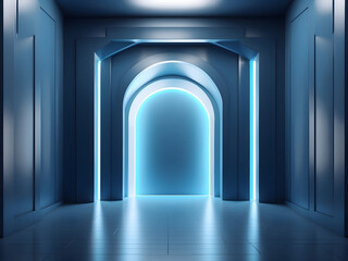 3d render, abstract blue geometric background design. Bright light goes through the door portal inside the empty dark room design.