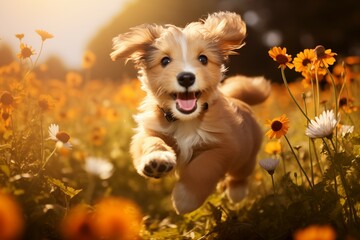 Puppy running happy in a flower feild in sunshine