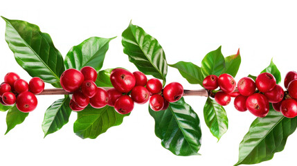 red coffee beans on branch with leaves isolated on white background