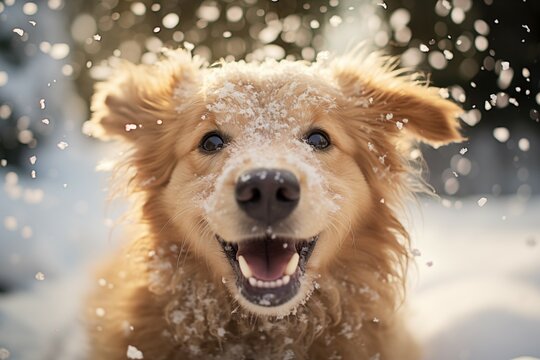 Happy dog playing snow, remote image