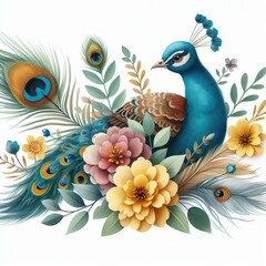 illsutration of Watercolor style illustration for birds with peacock feather and yellow flowers. paper art - obrazy, fototapety, plakaty