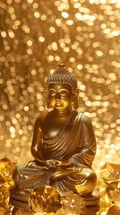 Fototapeta premium Golden Buddha Statue in Serene Meditation with Sparkling Background