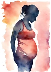 Pregnant woman wearing a tank top and leggings and her hair in a ponytail silhouette profile portrait watercolor painting with paint color background