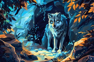 fierce wolf guarding cave entrance digital painting - obrazy, fototapety, plakaty