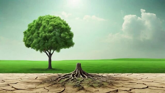 Climate change concept. contrast of green to dry and barren. a tree growing in the center of a dry vs green field created with generative ai	