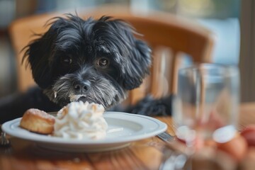 Black dog eyeing cream cake on a plate.