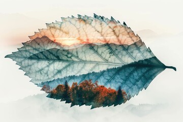 leaf double exposure with beautiful nature background showing concept of sustainability and environmental conservation. aigx04