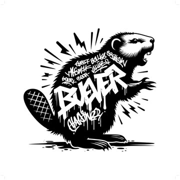 Beaver silhouette, animal graffiti tag, hip hop, street art typography illustration.