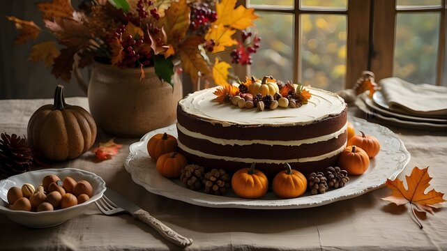 _Prompt 1:_Artistic Image, A beautifully decorated table for a party celebration with an English Autumn styled cake as the centerpiece. The cake is adorned with colorful leaves, acorns, and pumpkins, 
